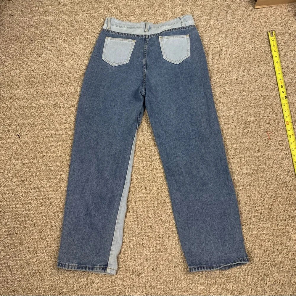 High Waist 2 Tone Denim Patchwork Boyfriend Jeans Straight‎ Leg Large